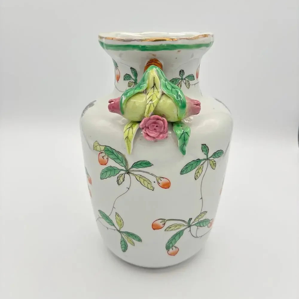 Vintage Chinoiserie Famille Rose Porcelain Butterfly & Pomegranate Handle Vase